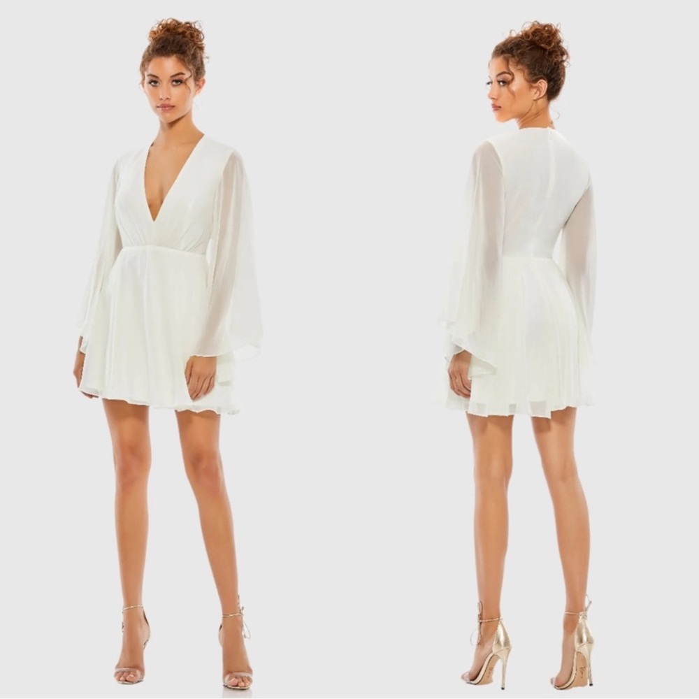 MAC DUGGAL White Solid Flowy V Neck Illusion Sleeve Mini Dress Size 2 NWT
